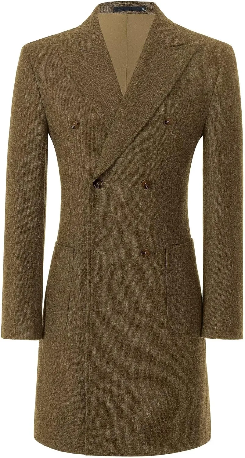 Men Trench Coat Classic Warm Peak Lapel Peacoat Mens Double Breasted Business Long Winter Mens Overcoat with Pockets
