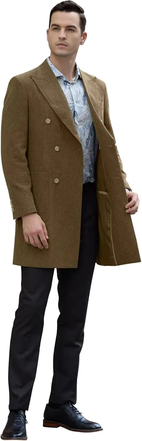 Men Trench Coat Classic Warm Peak Lapel Peacoat Mens Double Breasted Business Long Winter Mens Overcoat with Pockets