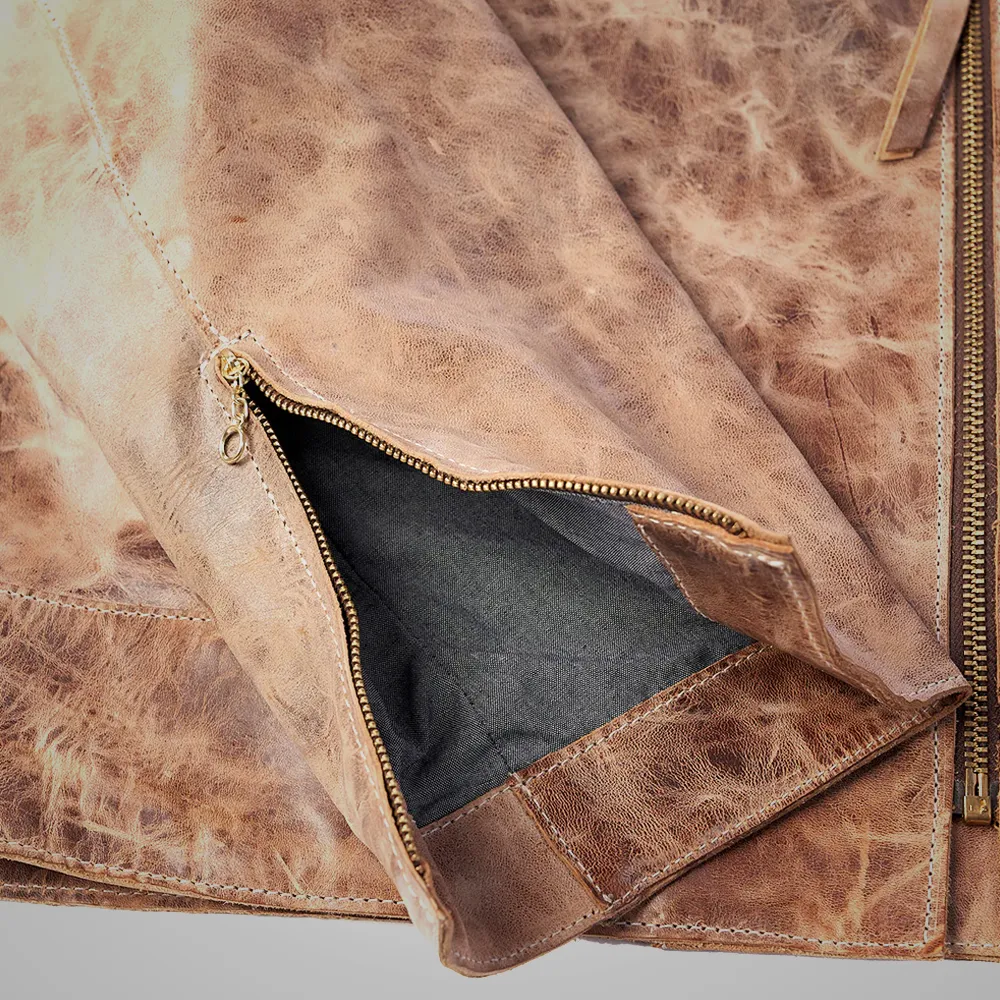 Mens Brown Vintage Distressed Real Leather Two Pocket Jacket