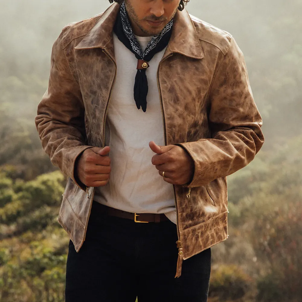 Mens Brown Vintage Distressed Real Leather Two Pocket Jacket