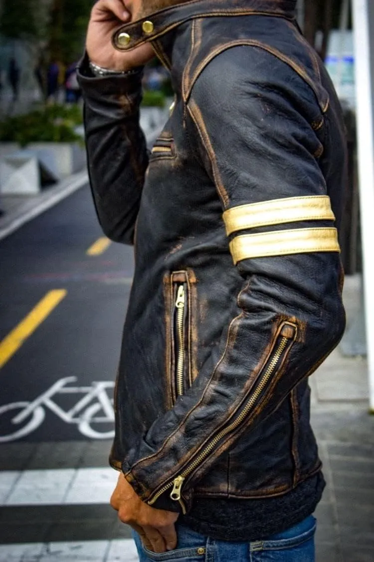 Mens Elite Vintage Caf Racer Motorcycle Distressed Leather Jacket.