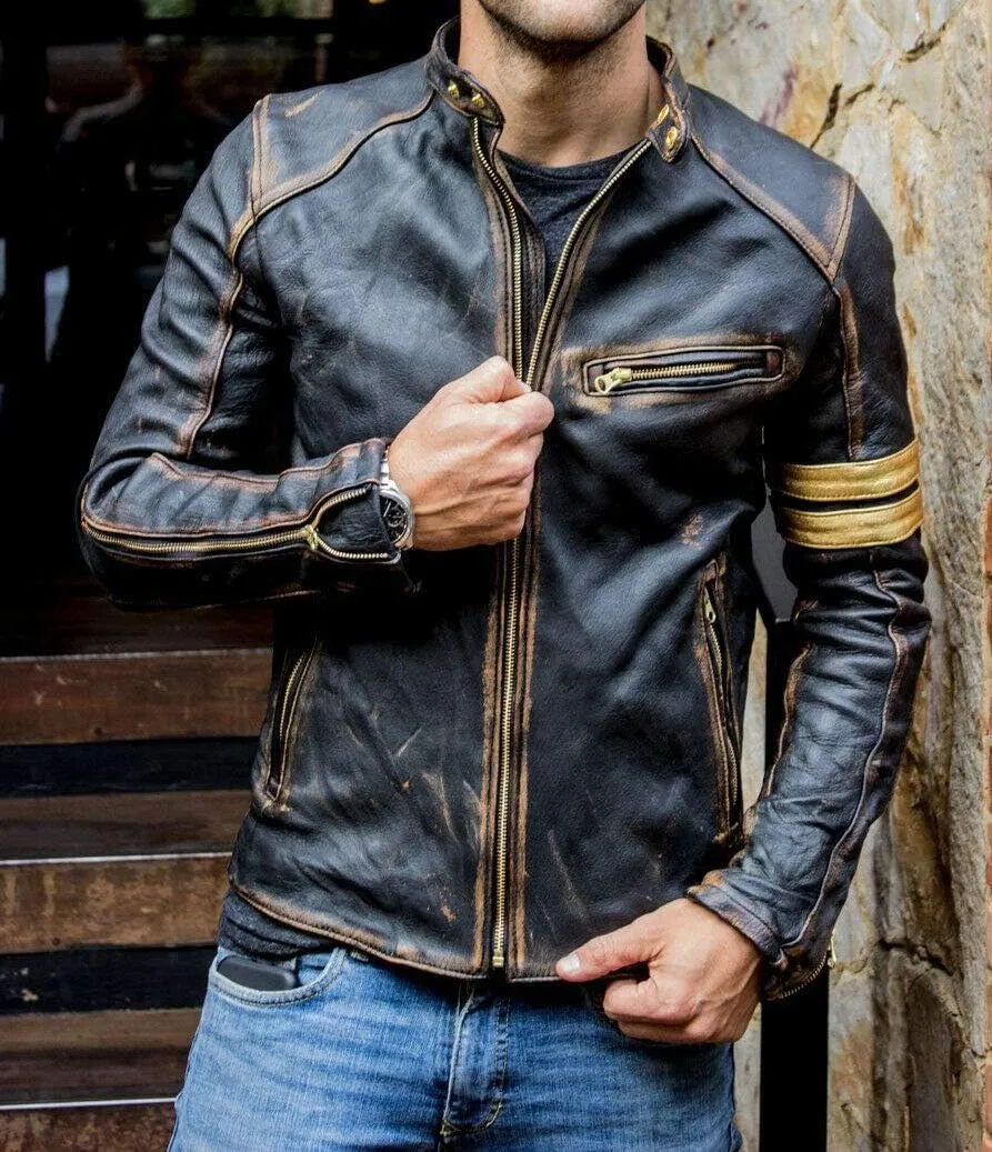 Mens Elite Vintage Caf Racer Motorcycle Distressed Leather Jacket.