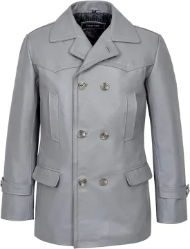Men's Kriegsmarine German Ww2 Dr Who Reefer Hide Leather Jacket Coat Four Button Leather Car Coat - Pea Coat for Mens