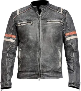 Men's Retro Biker Vintage Cafe Racer Motorcycle Distressed Black Leather Jacket