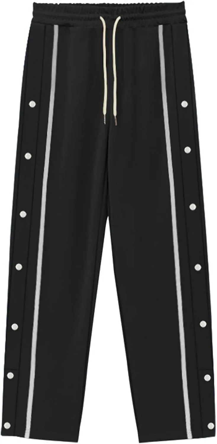 Mens Tear Away Sweatpants Waist Drawstring Elastic Wide Leg Basketball Pants Side Split Snap Baggy Joggers Pants