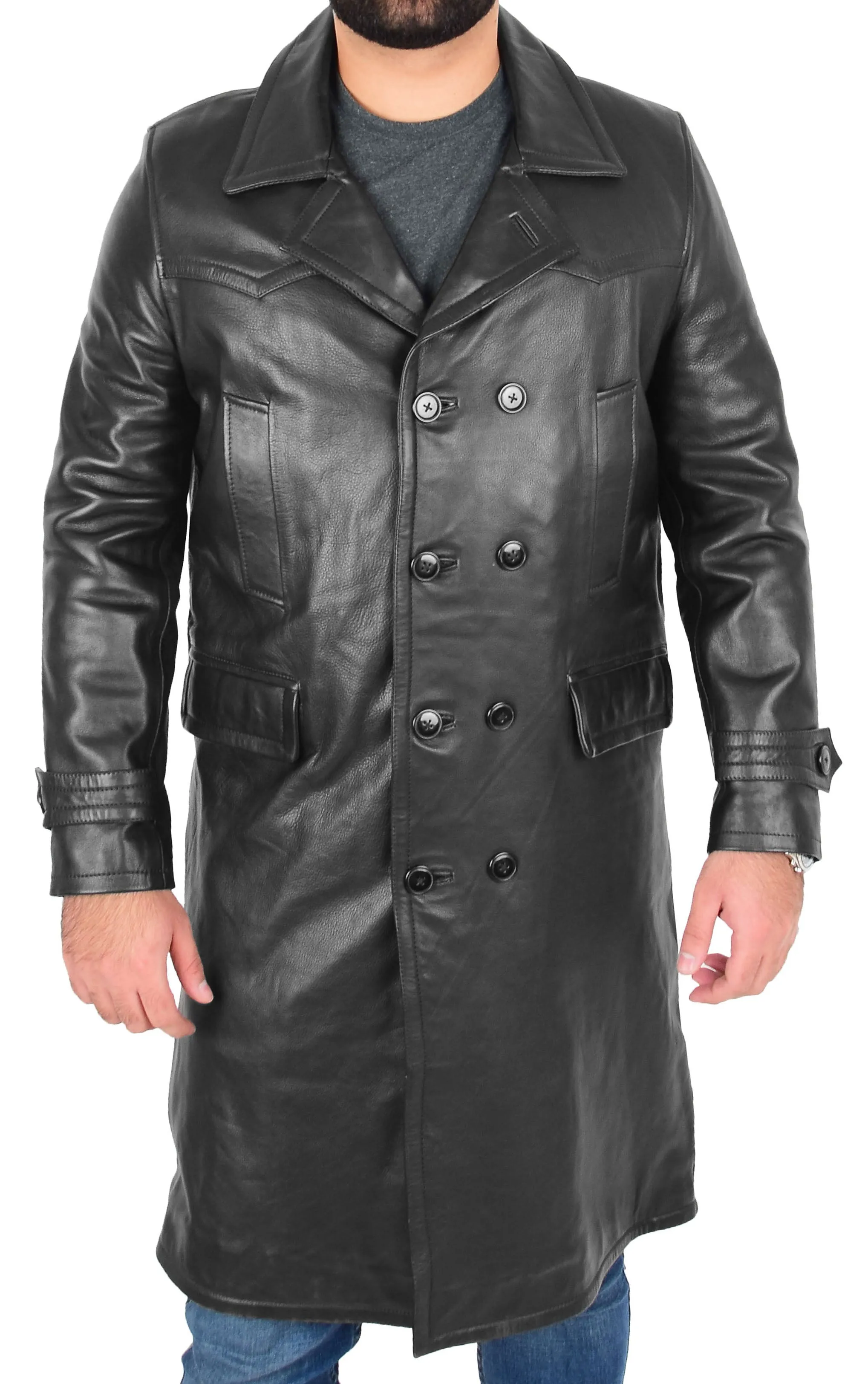 Mens Trench Leather Coat 3/4 Long Overcoat Neo Black