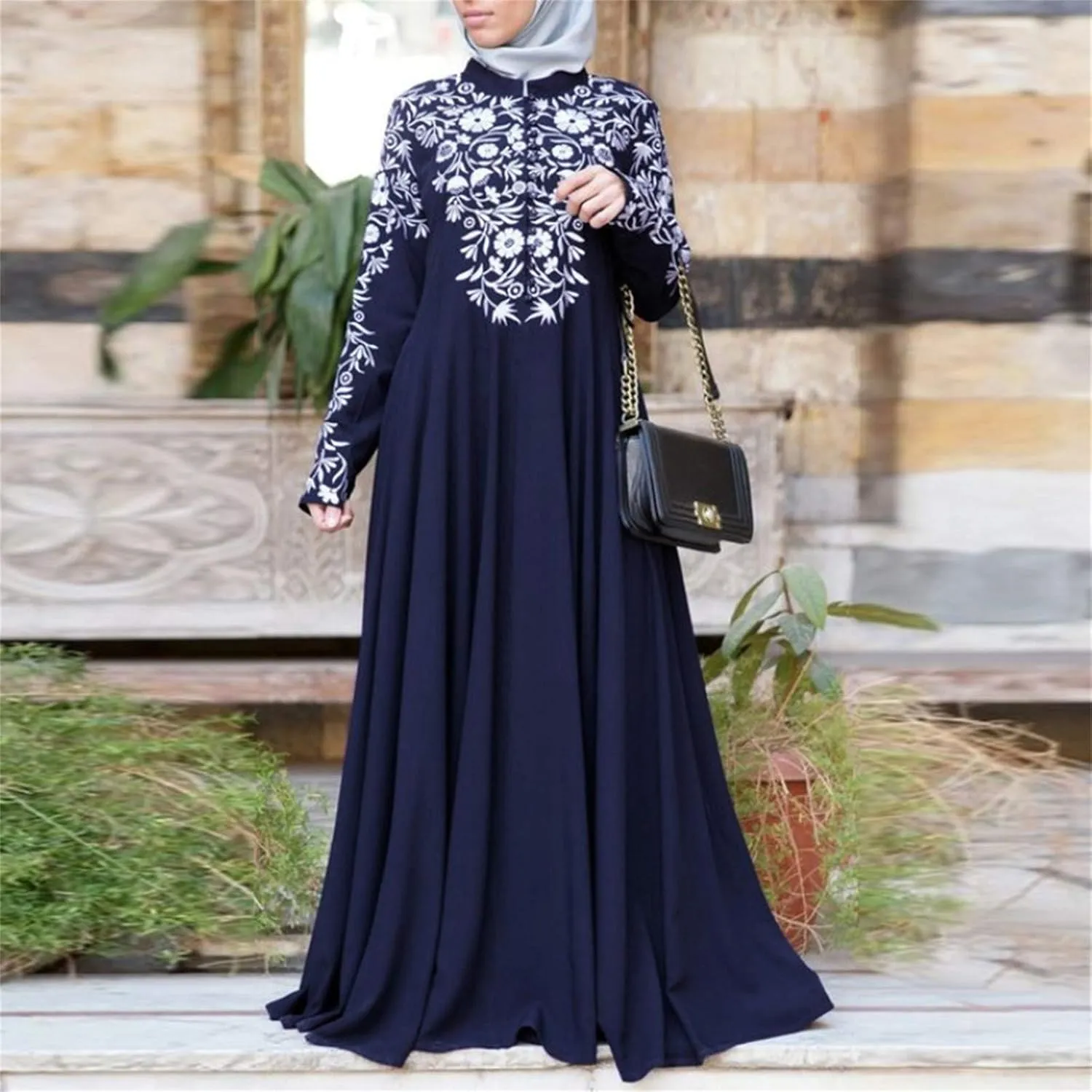 Muslim Abaya Dresses for Women V Neck Kaftan Islamic Prayer Robe Embroidered Floor Dress Eid Thobe Evening Dresses