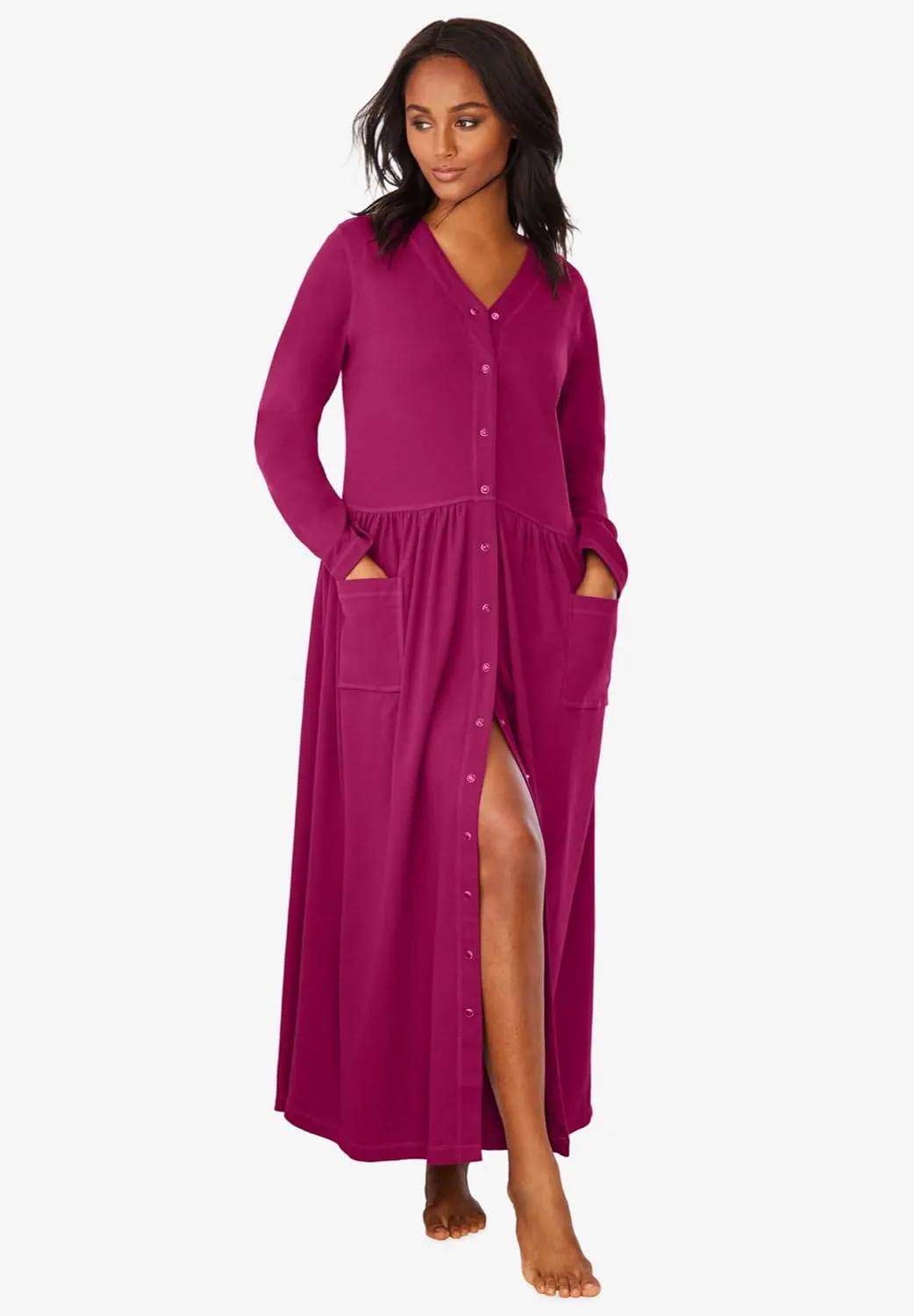 Only Necessities Plus Size Long Snap-Front Knit Lounger