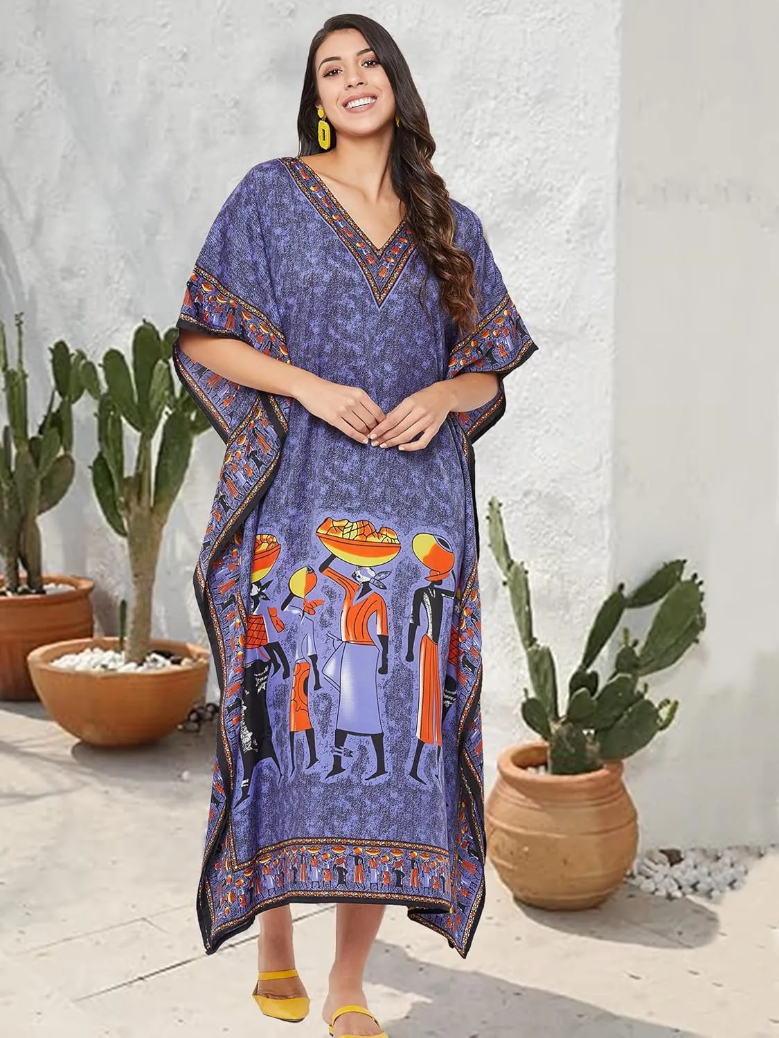 Oussum Women Plus Size Kaftans Kimono Polyester Dresses Loose Caftan Dress Ladies Evening Casual Long Maxi