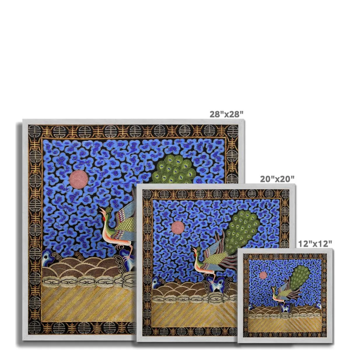 Peacock Mandarin Square  | Traditional Chinese Qing Dynasty Silk Embroidery Design | Antique Framed Fine Art Print