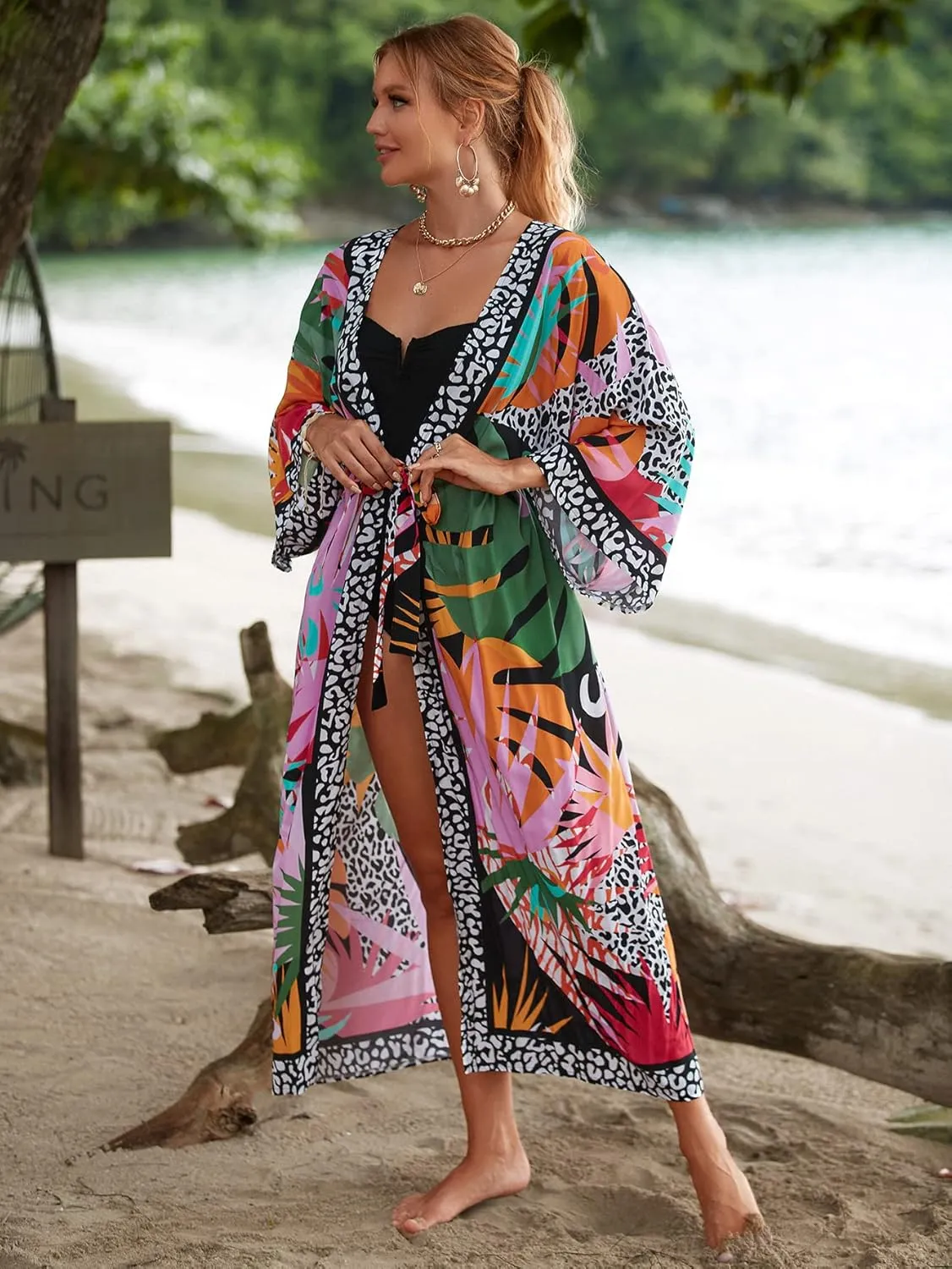 RanRui Kimono Robe Women Open Front Kimono Duster Robes with Belt Loose Over Sized