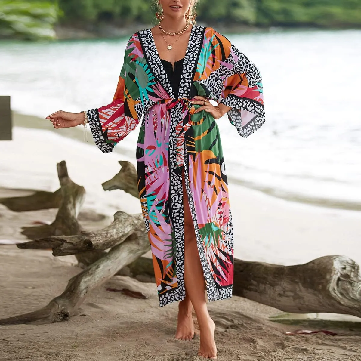 RanRui Kimono Robe Women Open Front Kimono Duster Robes with Belt Loose Over Sized