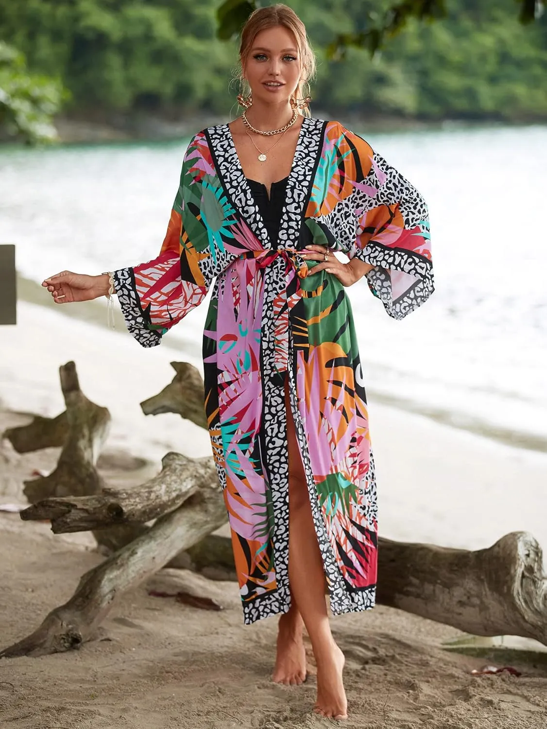 RanRui Kimono Robe Women Open Front Kimono Duster Robes with Belt Loose Over Sized