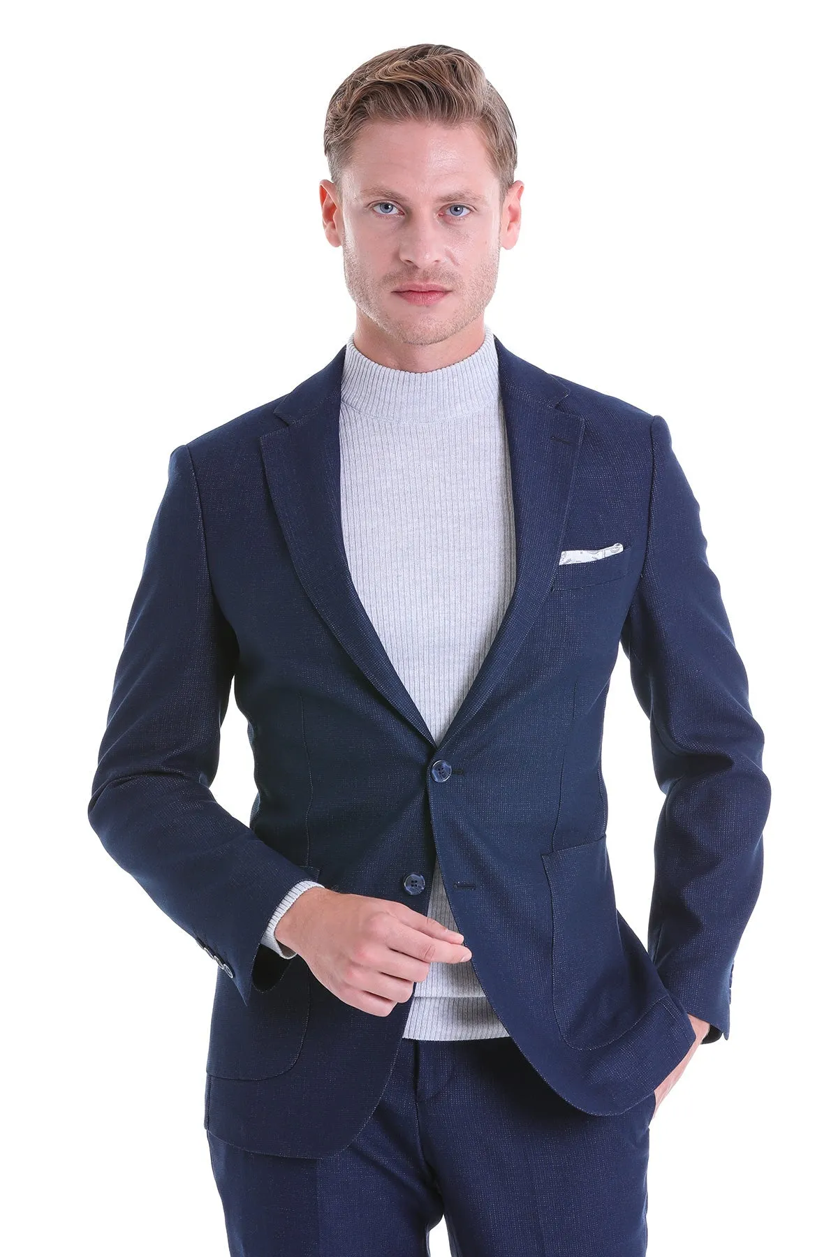 Slim Fit Notch Lapel Textured Navy Casual Suit