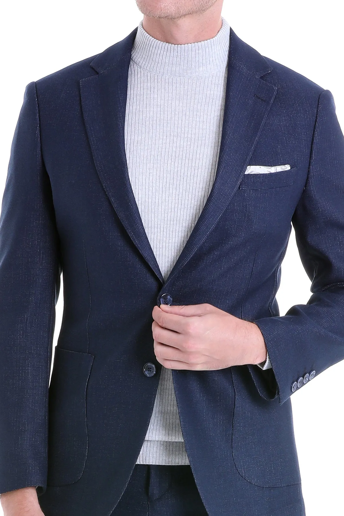 Slim Fit Notch Lapel Textured Navy Casual Suit