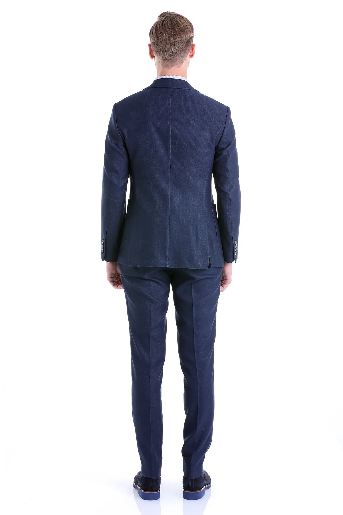 Slim Fit Notch Lapel Textured Navy Casual Suit