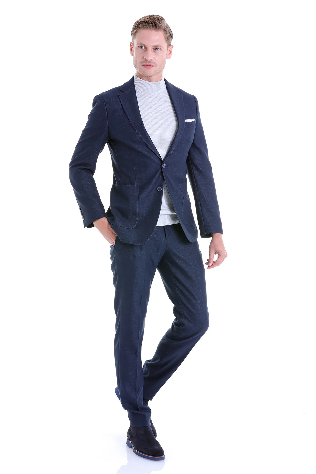 Slim Fit Notch Lapel Textured Navy Casual Suit