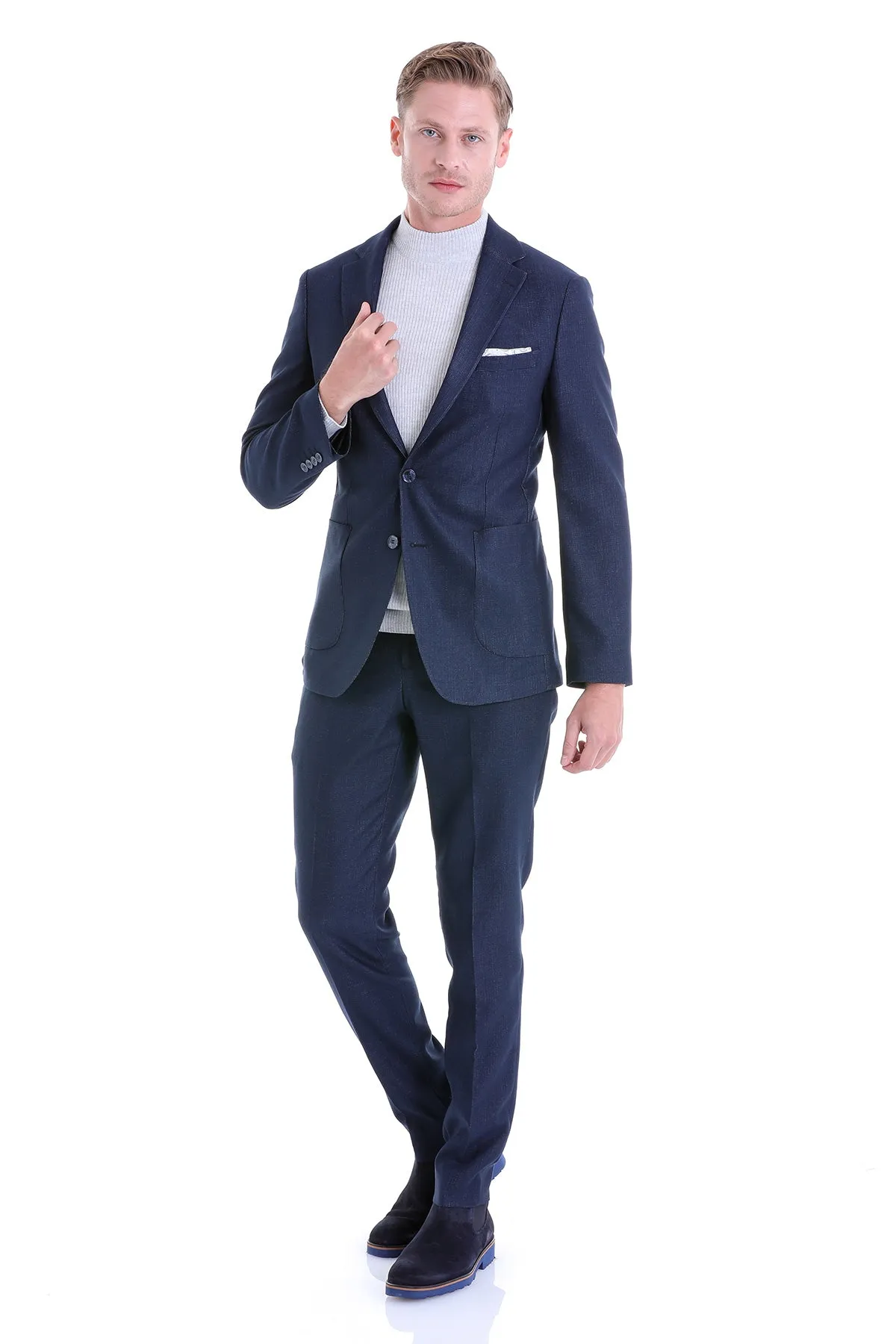 Slim Fit Notch Lapel Textured Navy Casual Suit
