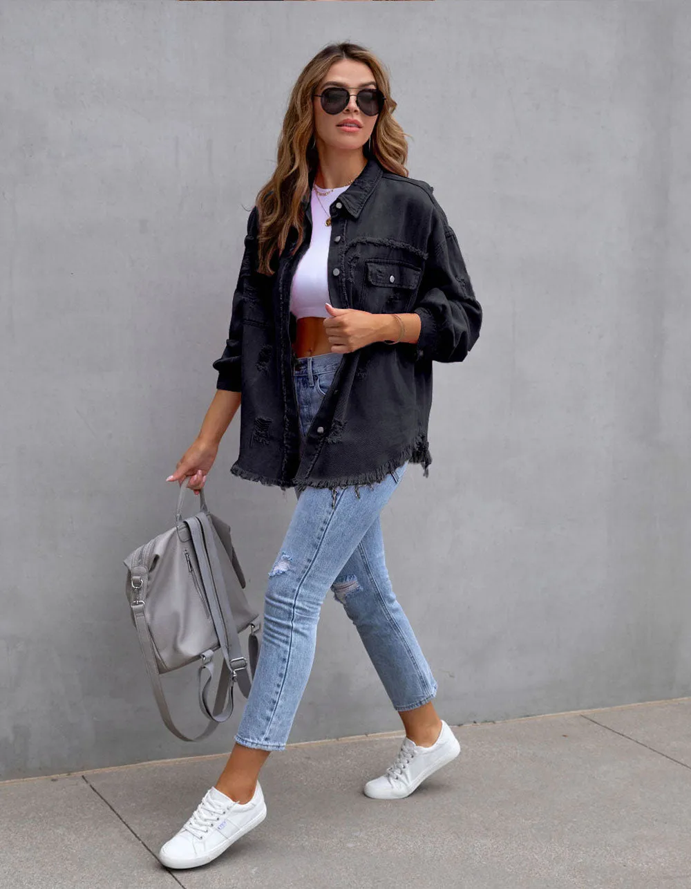 Solid-color Lapel Fall/Winter Mid-length Denim Jacket
