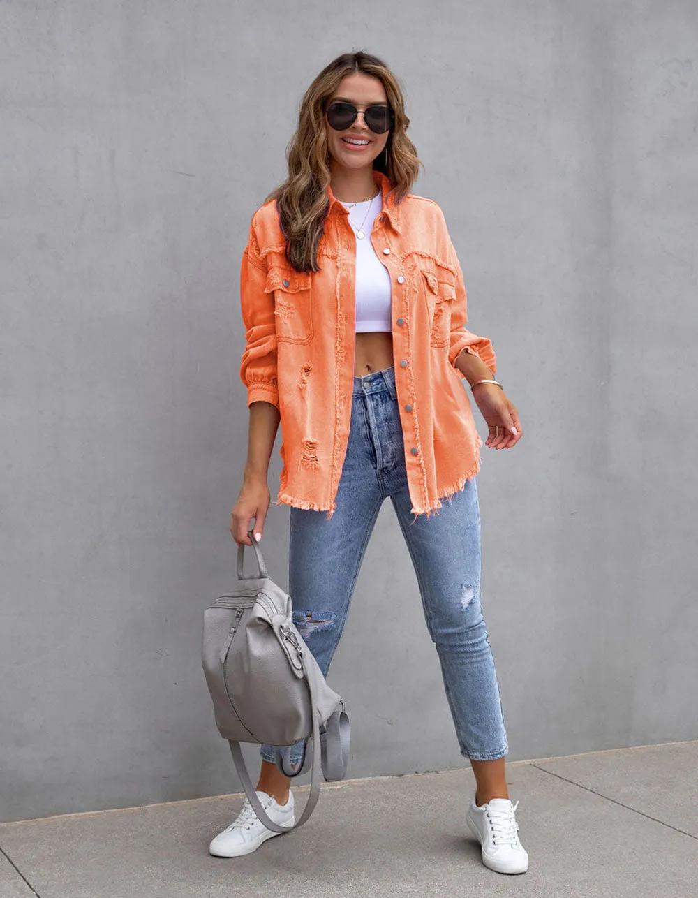 Solid-color Lapel Fall/Winter Mid-length Denim Jacket