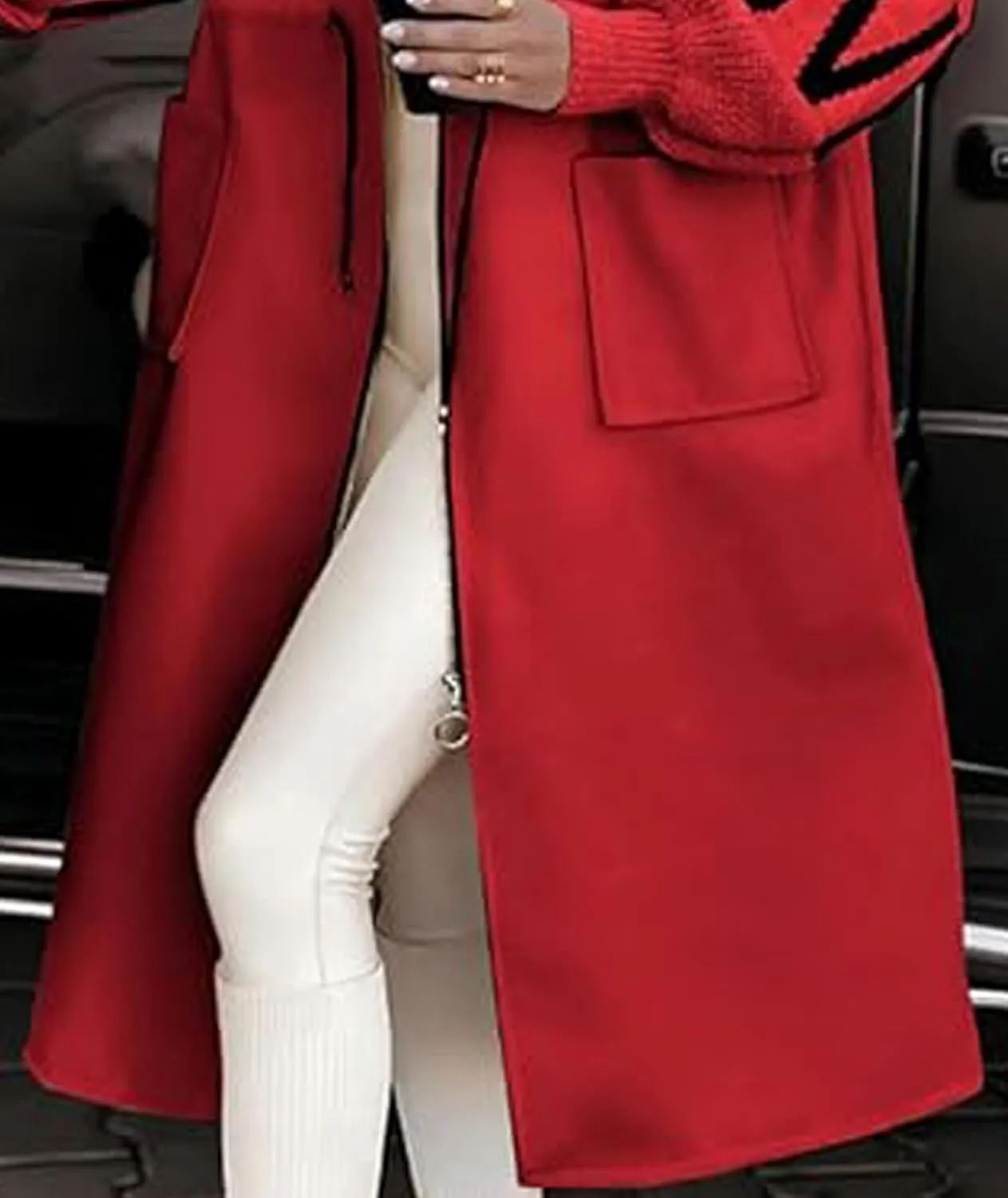 SOMTHRON Women's Hooded Trench Coat Knitted Long Sleeve Zip Up Oversized Jacket Casual Drawstring Waist Overcoat