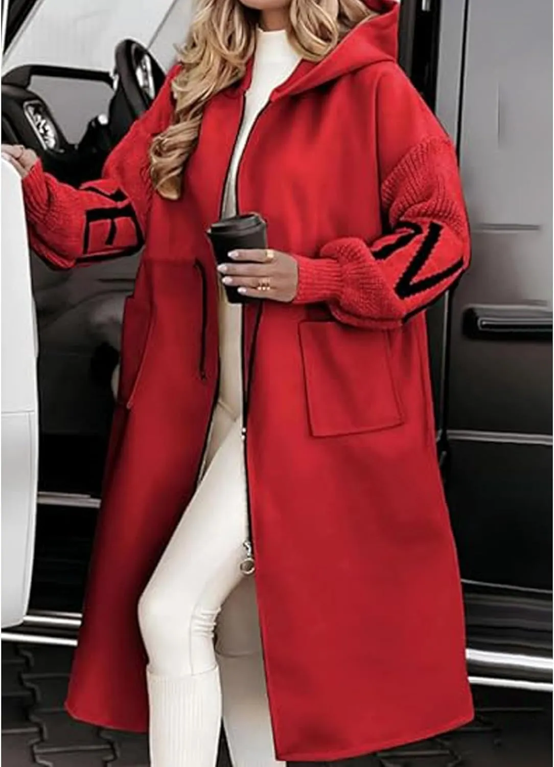 SOMTHRON Women's Hooded Trench Coat Knitted Long Sleeve Zip Up Oversized Jacket Casual Drawstring Waist Overcoat