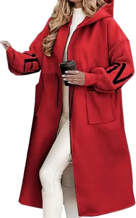 SOMTHRON Women's Hooded Trench Coat Knitted Long Sleeve Zip Up Oversized Jacket Casual Drawstring Waist Overcoat