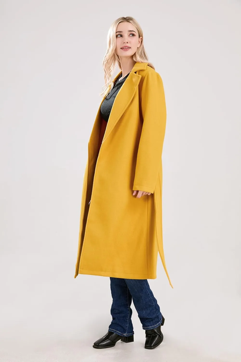 utcoco Womens Long Wool Pea Coats Notched Collar Open Front Woolen Blend Trench Coat with Belt