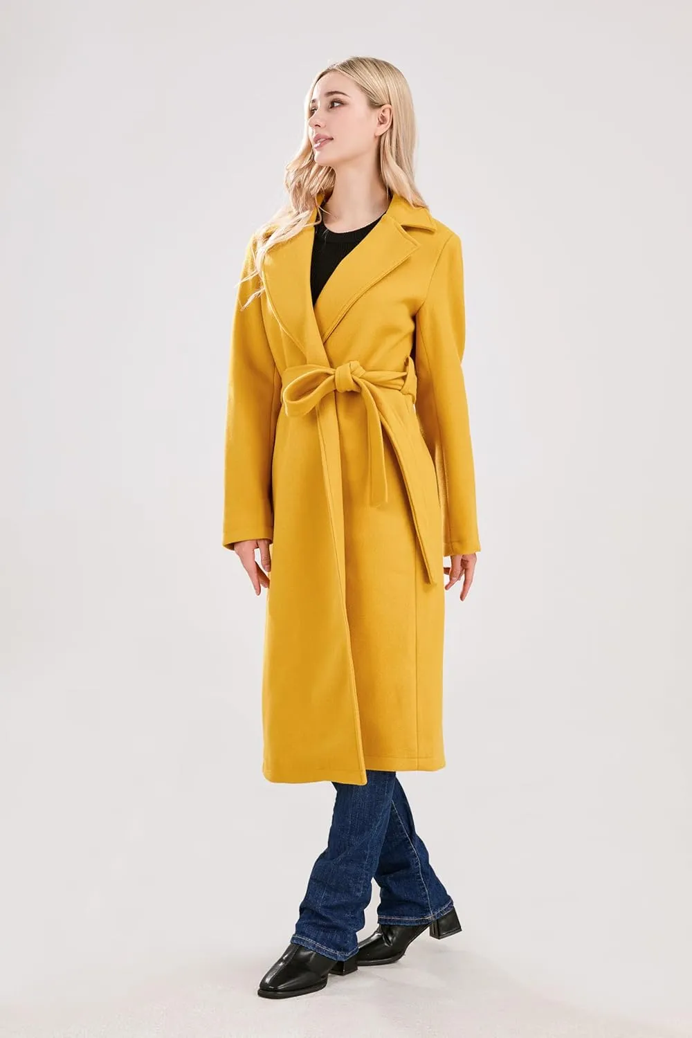 utcoco Womens Long Wool Pea Coats Notched Collar Open Front Woolen Blend Trench Coat with Belt