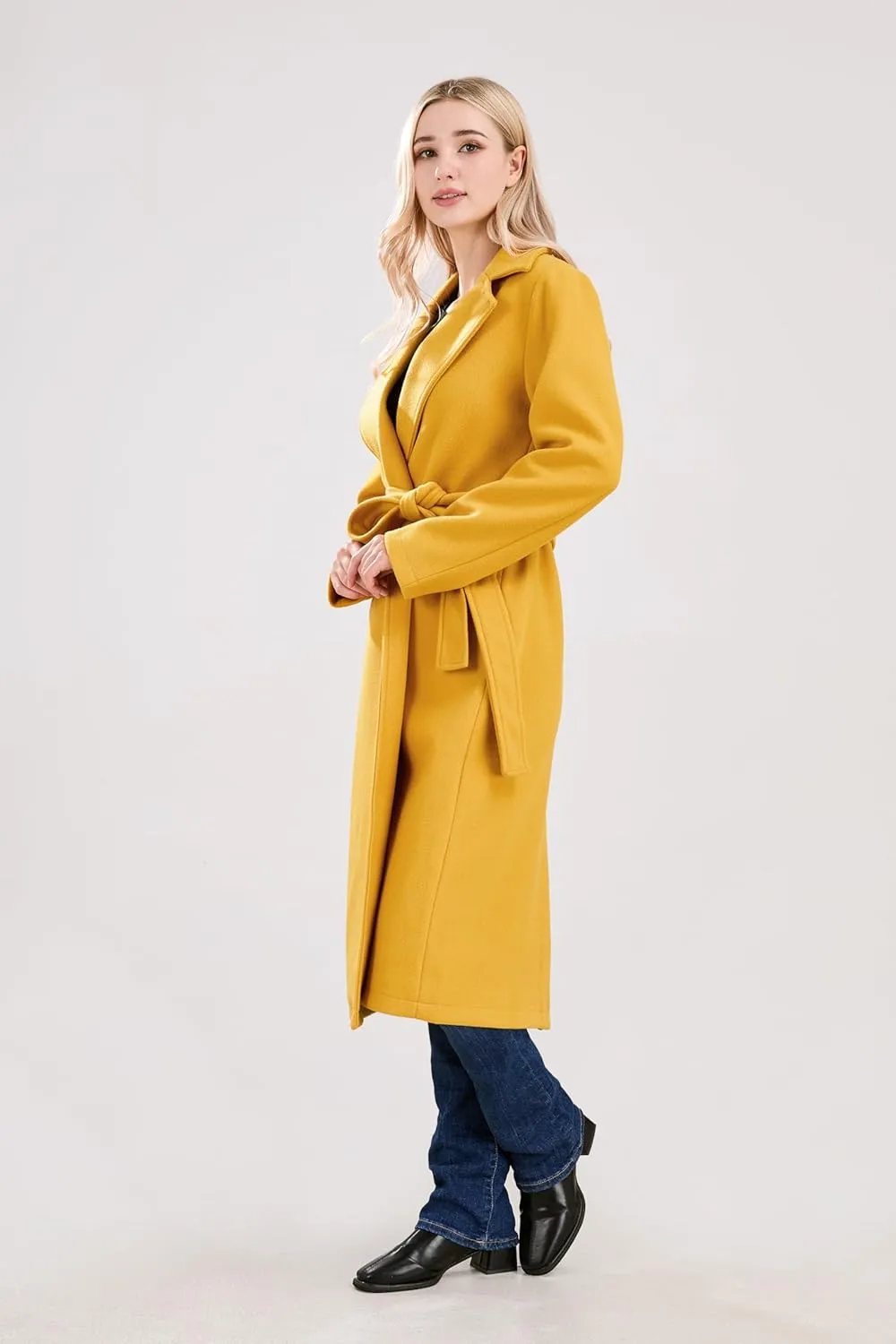 utcoco Womens Long Wool Pea Coats Notched Collar Open Front Woolen Blend Trench Coat with Belt