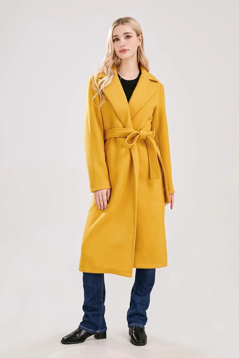 utcoco Womens Long Wool Pea Coats Notched Collar Open Front Woolen Blend Trench Coat with Belt