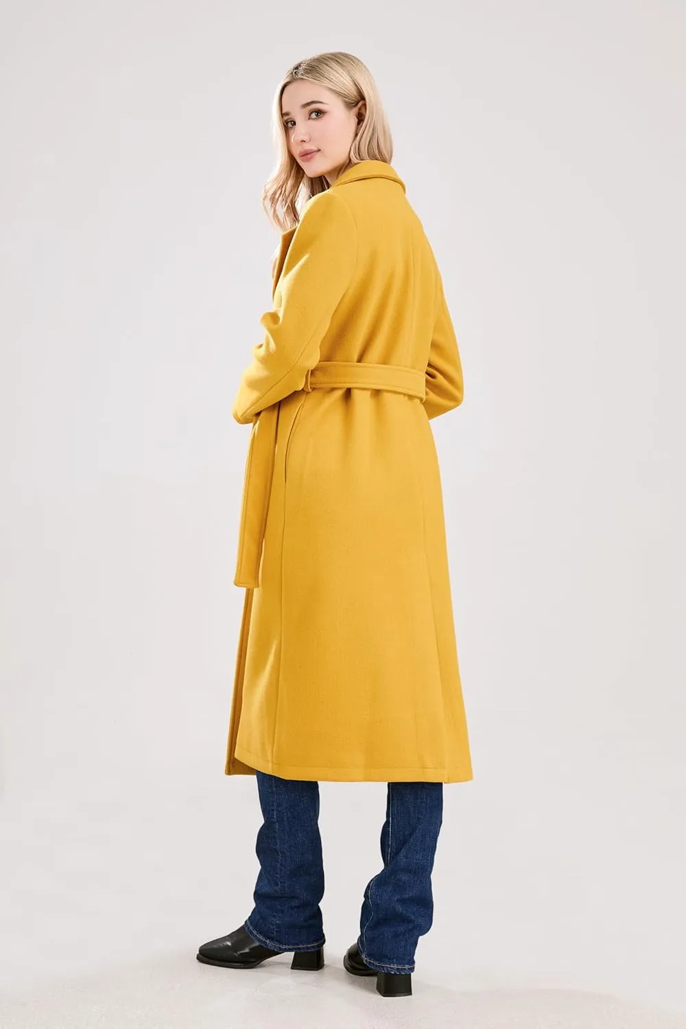 utcoco Womens Long Wool Pea Coats Notched Collar Open Front Woolen Blend Trench Coat with Belt