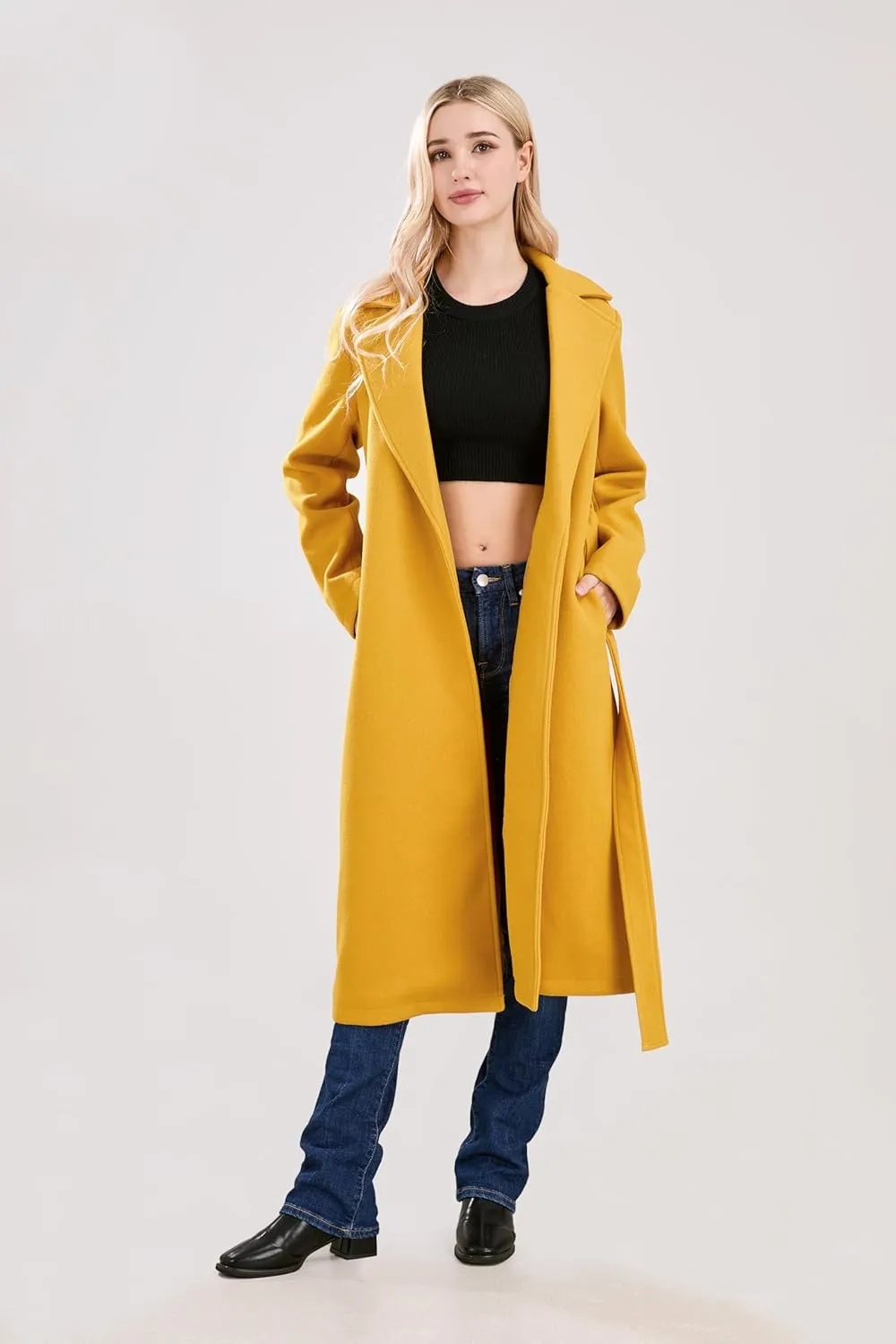 utcoco Womens Long Wool Pea Coats Notched Collar Open Front Woolen Blend Trench Coat with Belt