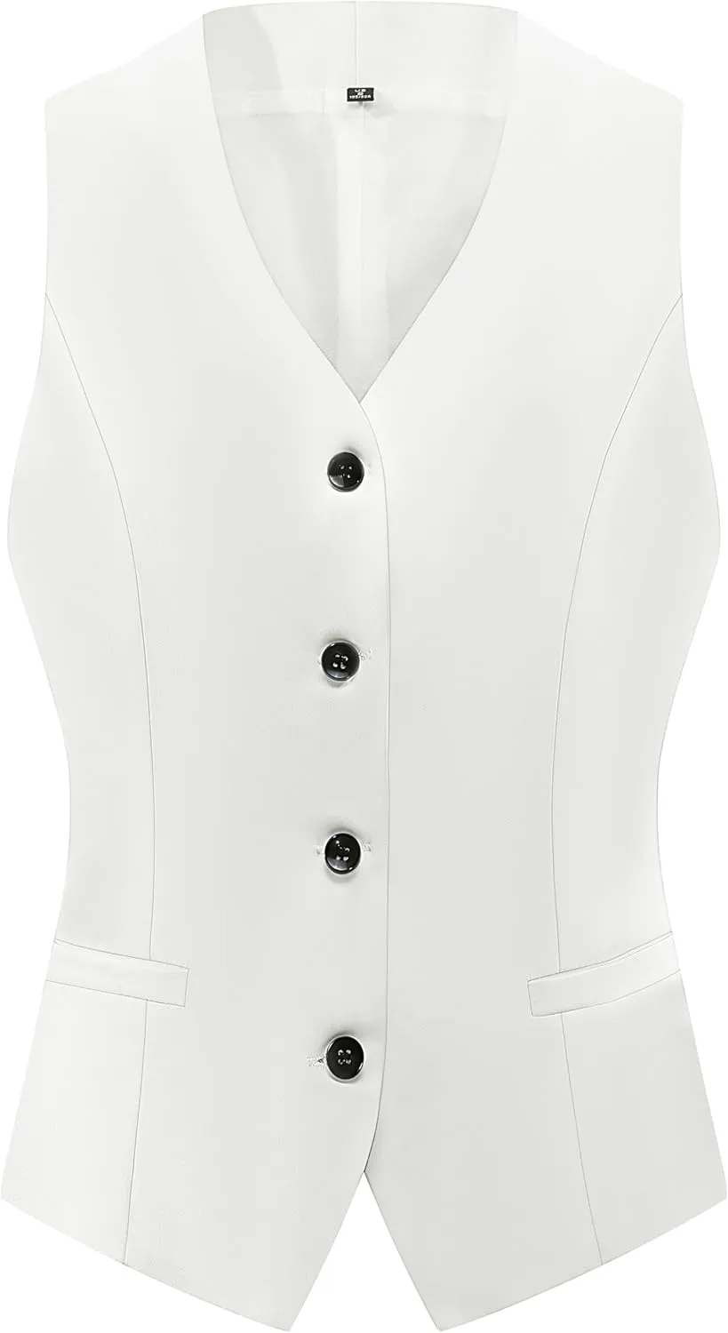 V VOCNI Women's Fully Lined 4 Button V-Neck Economy Dressy Suit Vest Waistcoat