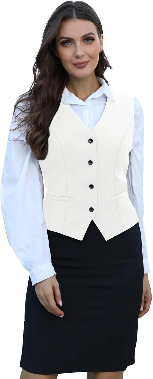 V VOCNI Women's Fully Lined 4 Button V-Neck Economy Dressy Suit Vest Waistcoat
