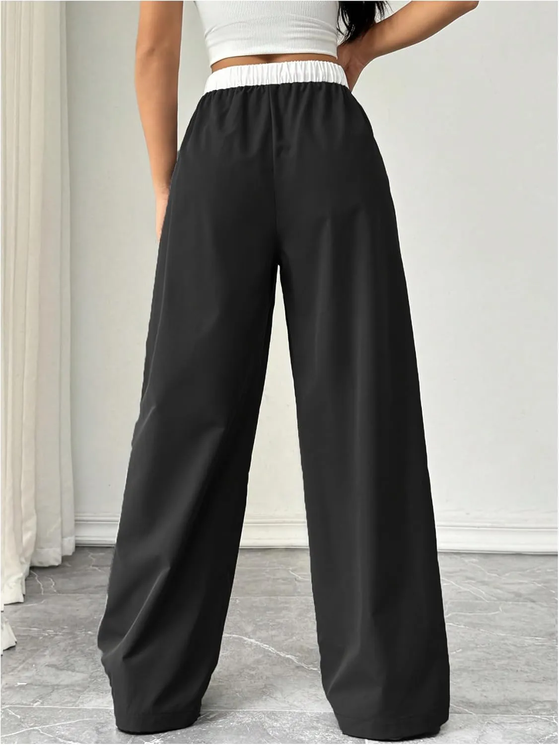 Verdusa Women's Pleated Straight Leg Pants Colorblock Drawstring Waist Trousers