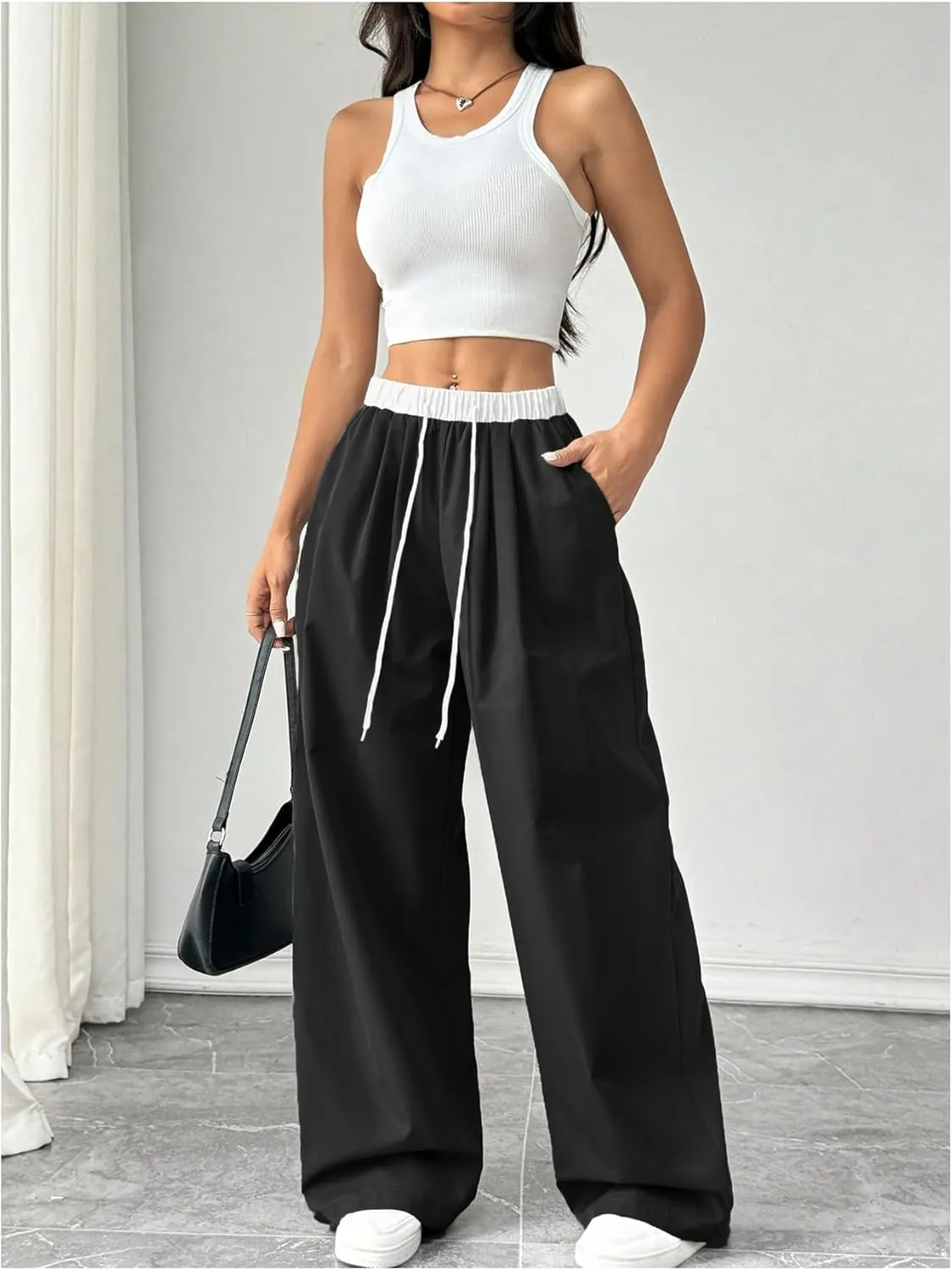 Verdusa Women's Pleated Straight Leg Pants Colorblock Drawstring Waist Trousers