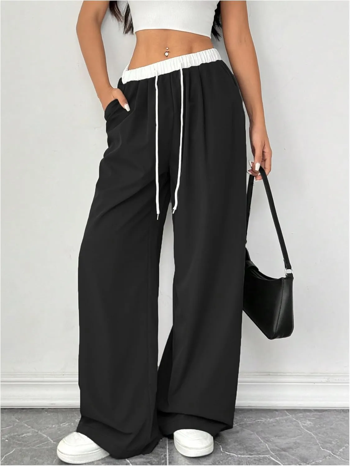 Verdusa Women's Pleated Straight Leg Pants Colorblock Drawstring Waist Trousers