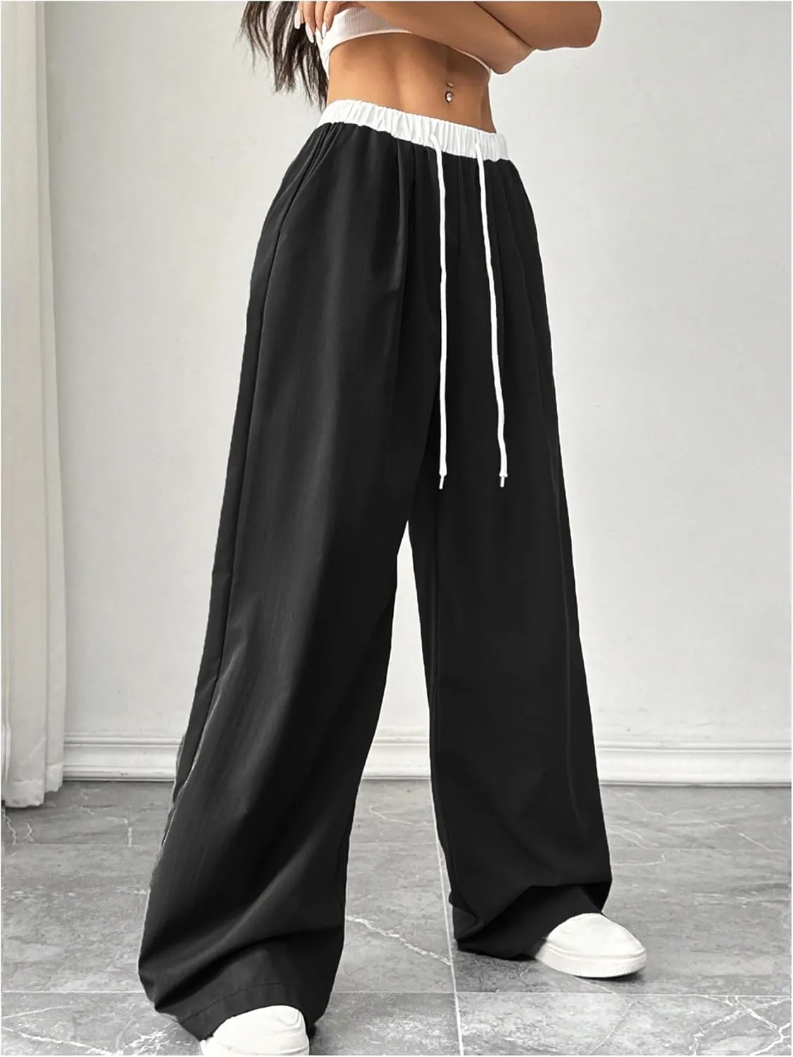 Verdusa Women's Pleated Straight Leg Pants Colorblock Drawstring Waist Trousers