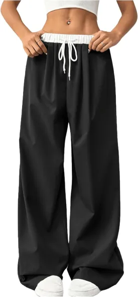 Verdusa Women's Pleated Straight Leg Pants Colorblock Drawstring Waist Trousers