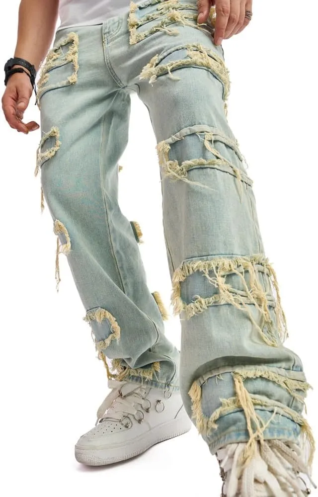 WEIBUMAOYI Men's Wide-Leg Jeans Straight Leg Carpenter Denim Pants Loose fit Trousers