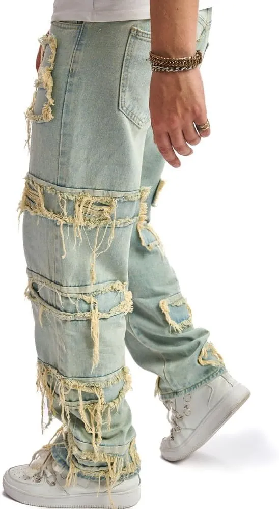 WEIBUMAOYI Men's Wide-Leg Jeans Straight Leg Carpenter Denim Pants Loose fit Trousers