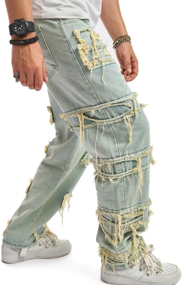 WEIBUMAOYI Men's Wide-Leg Jeans Straight Leg Carpenter Denim Pants Loose fit Trousers