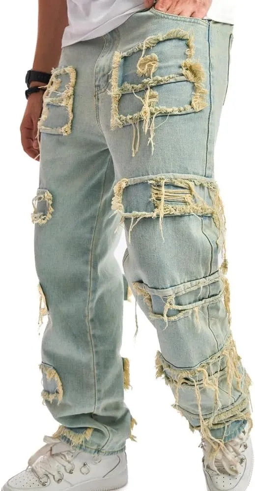 WEIBUMAOYI Men's Wide-Leg Jeans Straight Leg Carpenter Denim Pants Loose fit Trousers