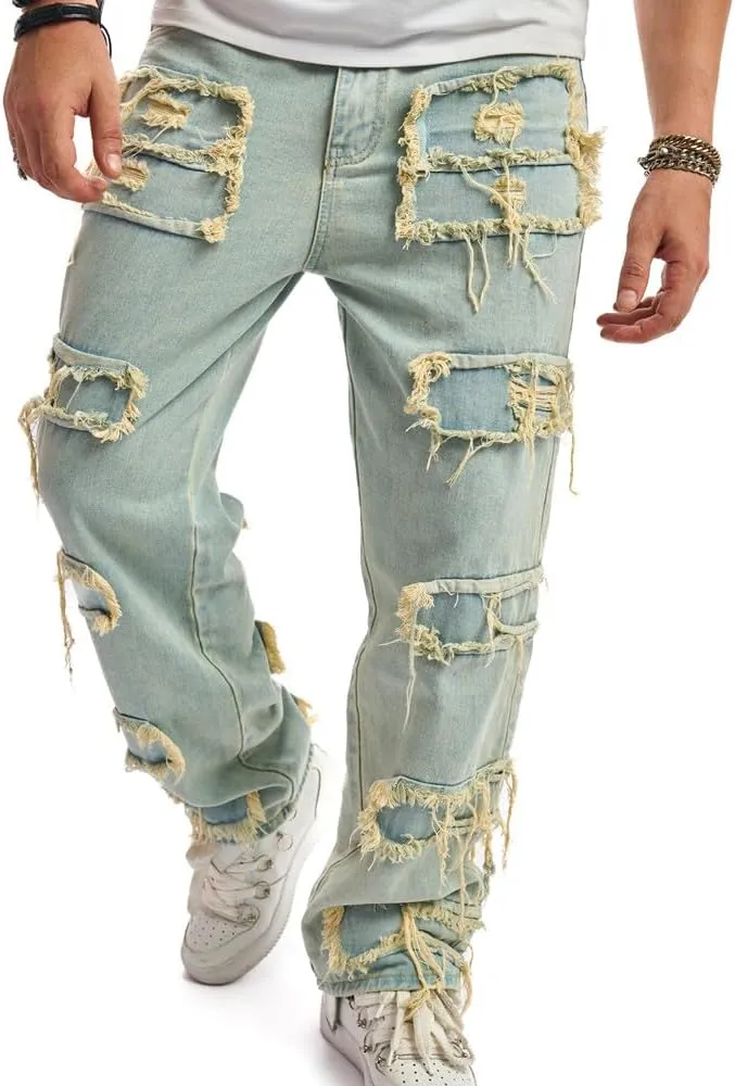 WEIBUMAOYI Men's Wide-Leg Jeans Straight Leg Carpenter Denim Pants Loose fit Trousers