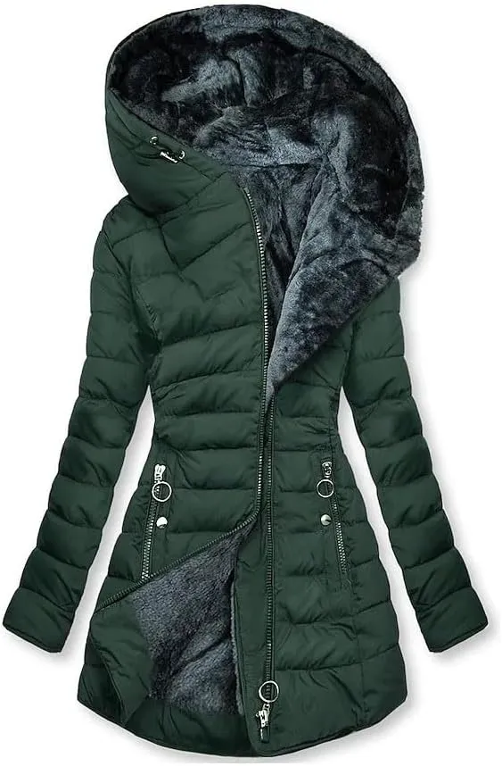 Women Fleece Waterproof Long Jacket 2025 Winter Zipper Thermal Hooded Down Jacket Active Outdoor Raincoat Trench Coat