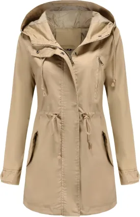 Women Trench Coat Windbreaker Zip Up Jacket With Pockets Casual Long Sleeve Outwear with Waist Drawstring