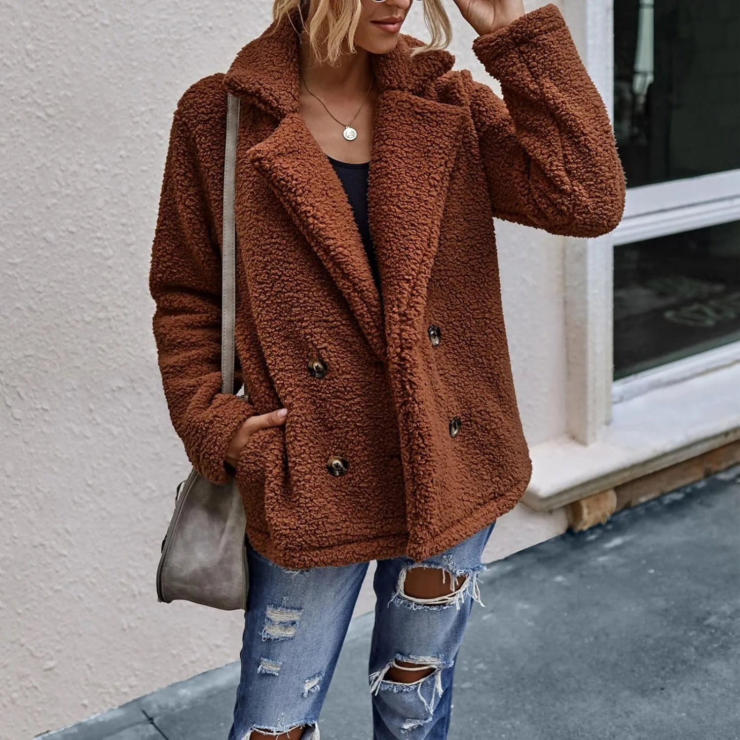 Women's Casual Fashion Loose Solid Color Hat Plus Fleece Collar Pocket Jacket