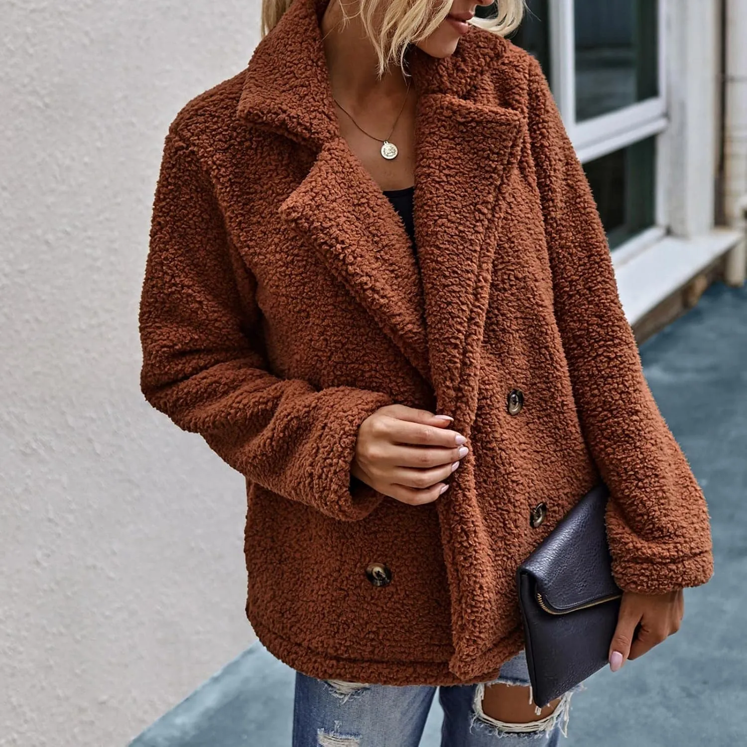 Women's Casual Fashion Loose Solid Color Hat Plus Fleece Collar Pocket Jacket