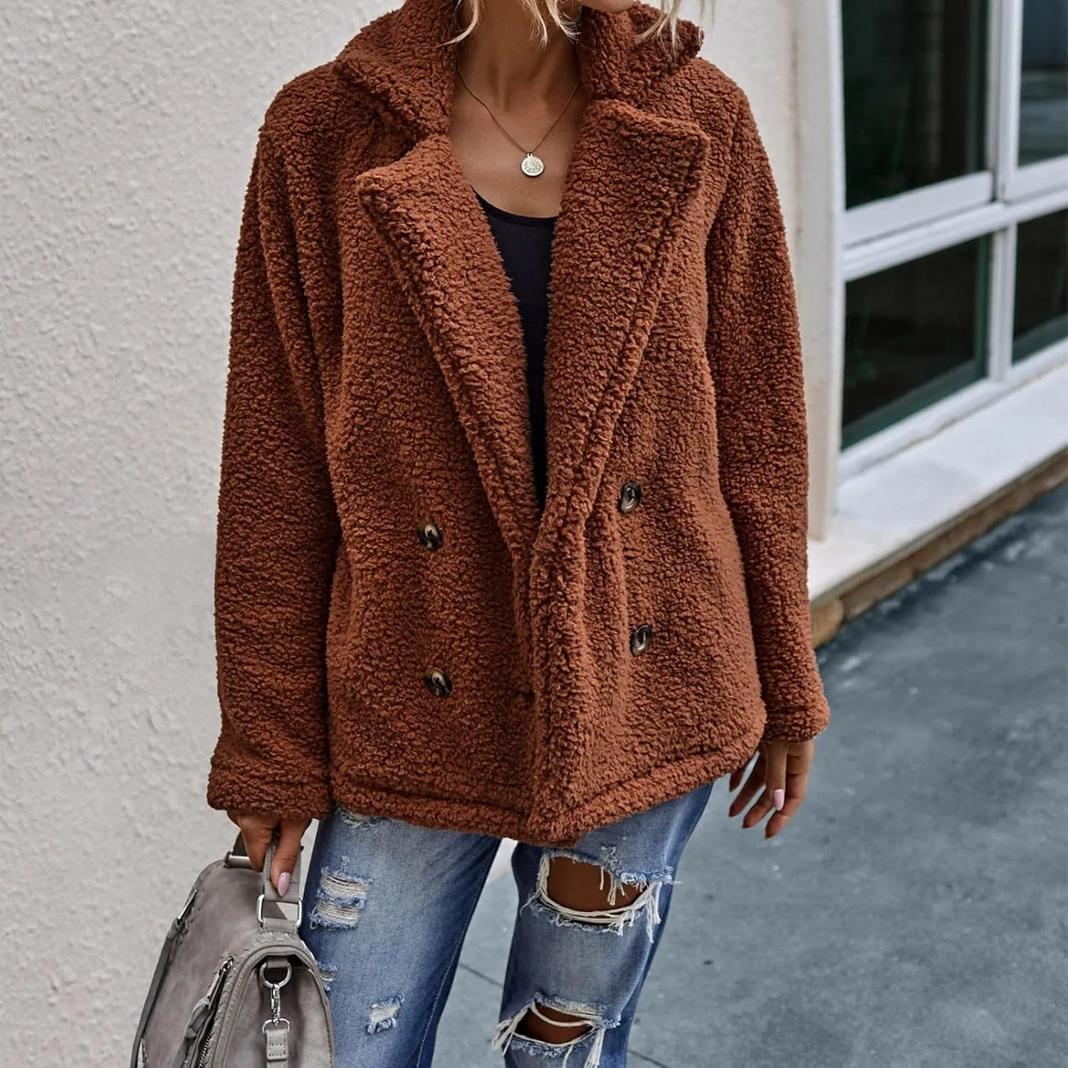 Women's Casual Fashion Loose Solid Color Hat Plus Fleece Collar Pocket Jacket